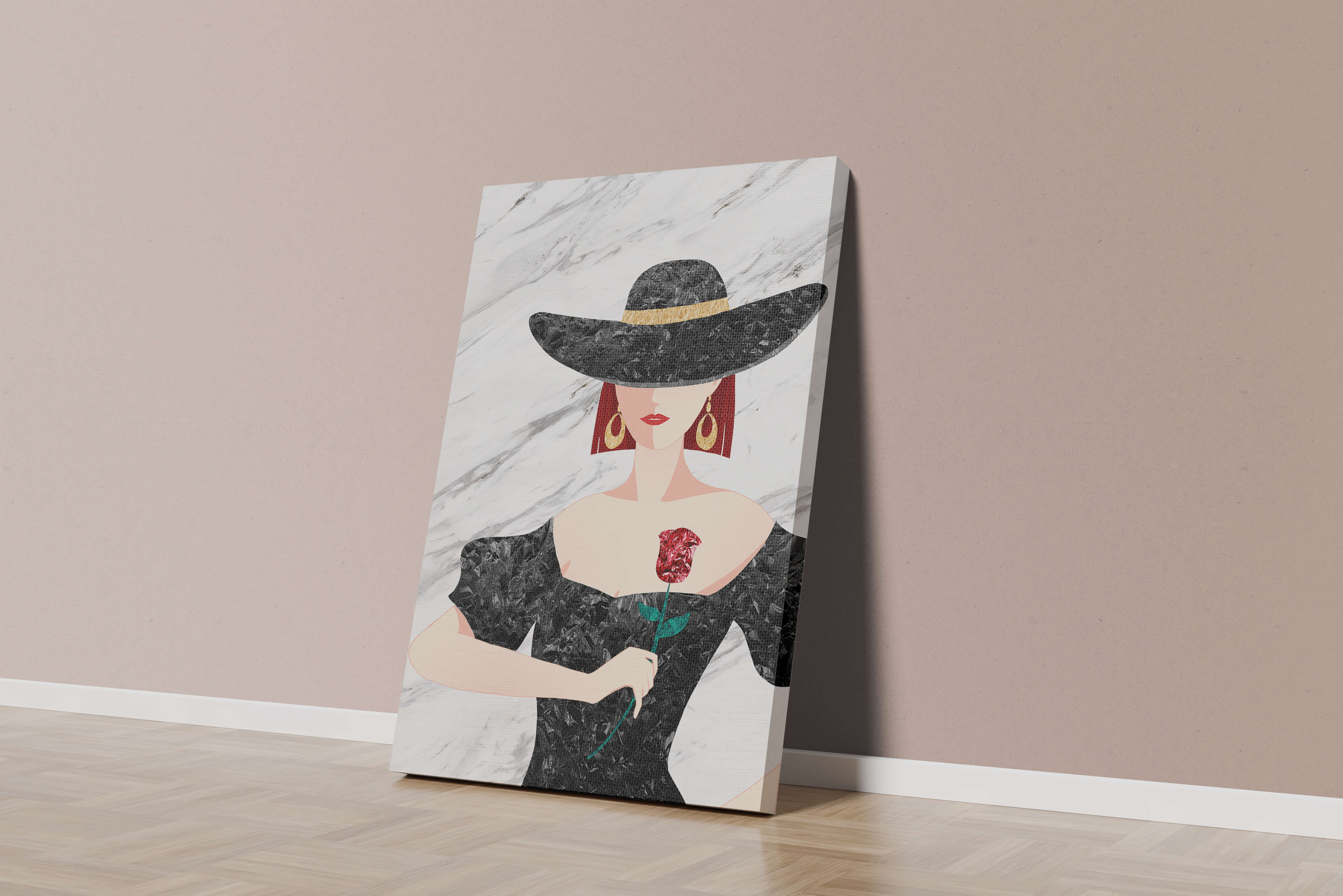 Elegant woman in wide-brimmed hat holding a rose on marble background