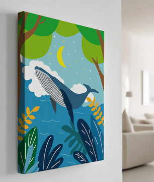 Illustration eines Wals in einer farbenfrohen Waldszene mit Mond und Pflanzen