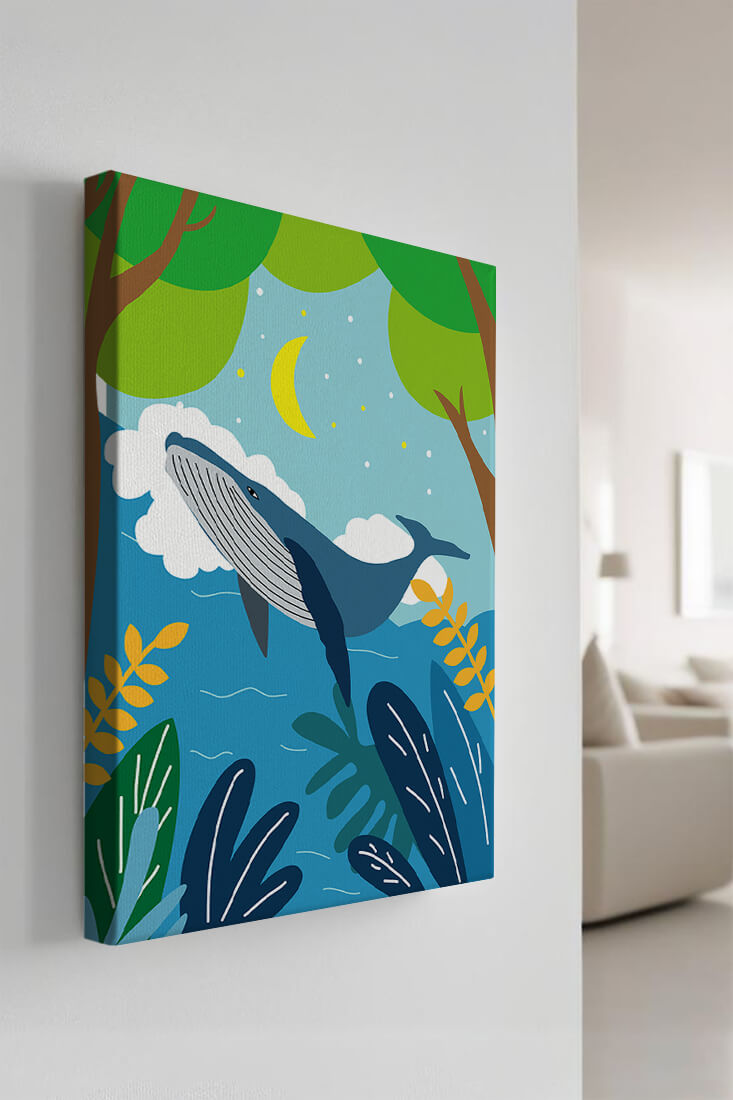Illustration of a whale in a colorful forest scene with moon and plants