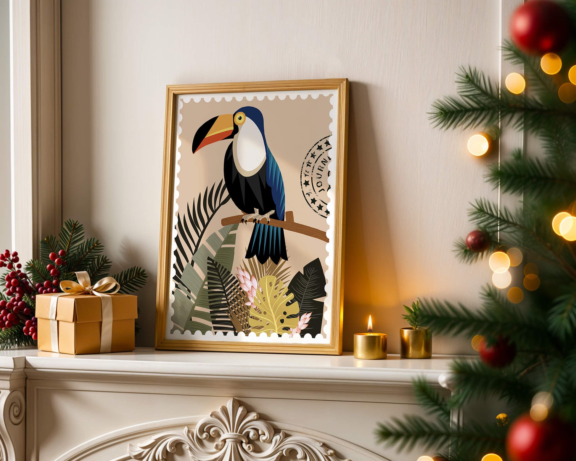 Colorful Toucan Surrounded by Tropical Leaves with Travel Stamp