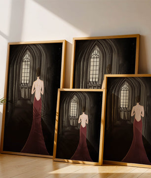Elegant woman in a red dress inside a gothic hallway