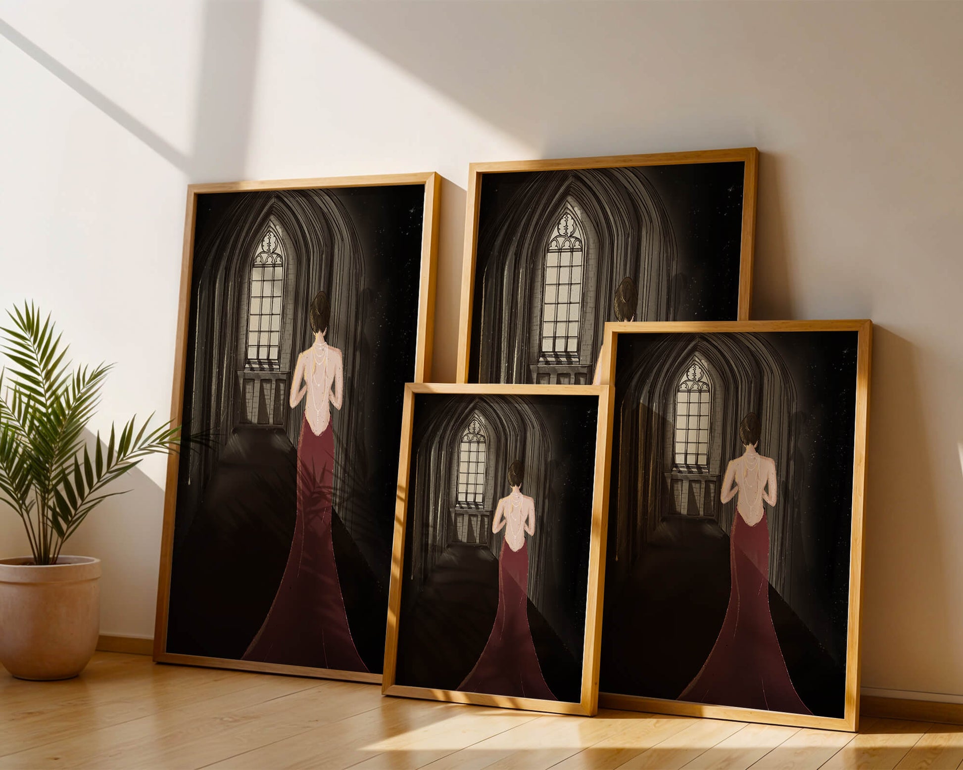Elegant woman in a red dress inside a gothic hallway