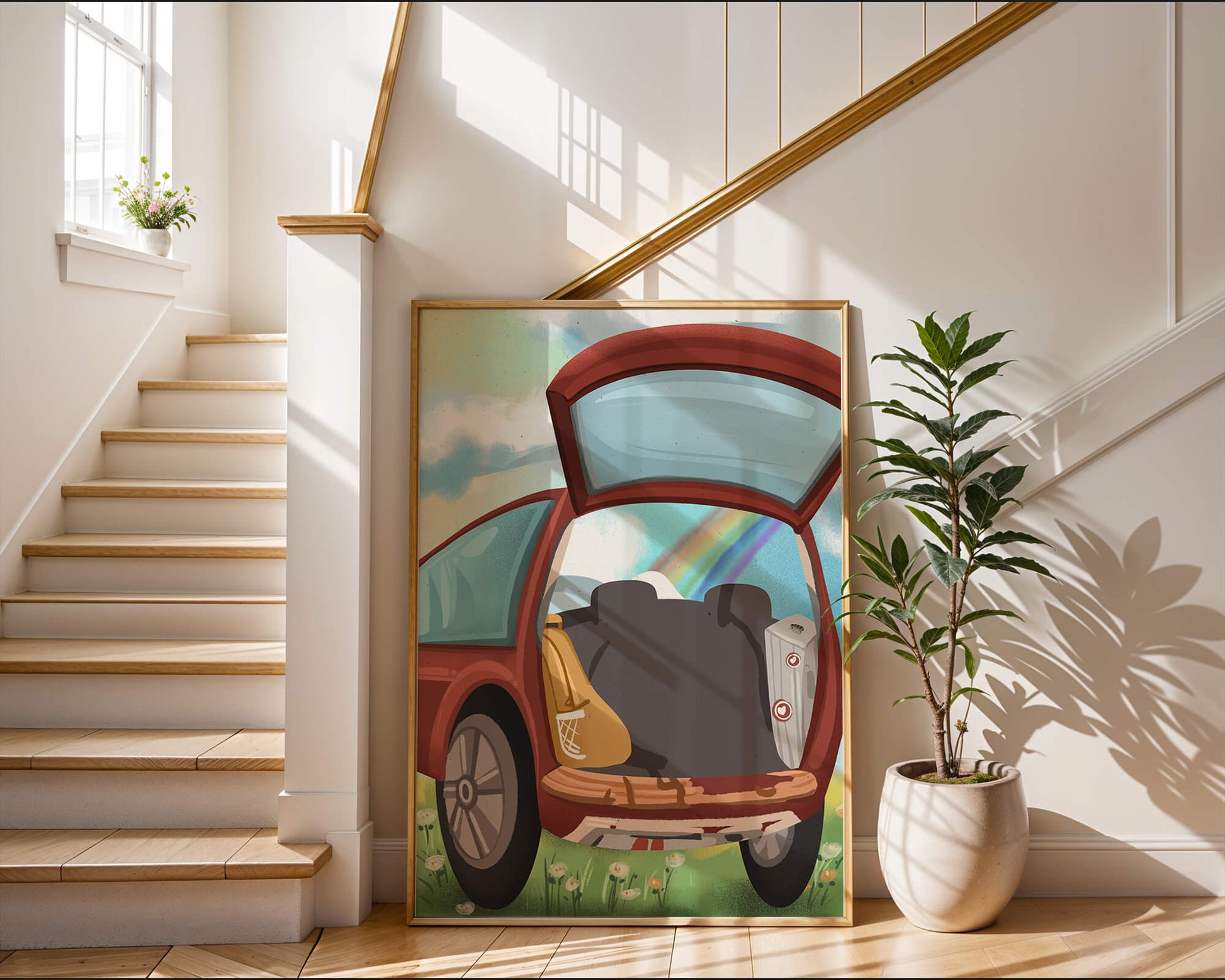 Car Trunk with Picnic Items and Rainbow in Background