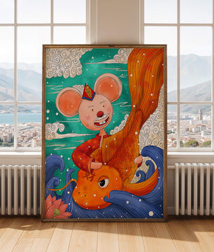Whimsical illustration of a mouse riding a golden fish in a vibrant fantasy setting