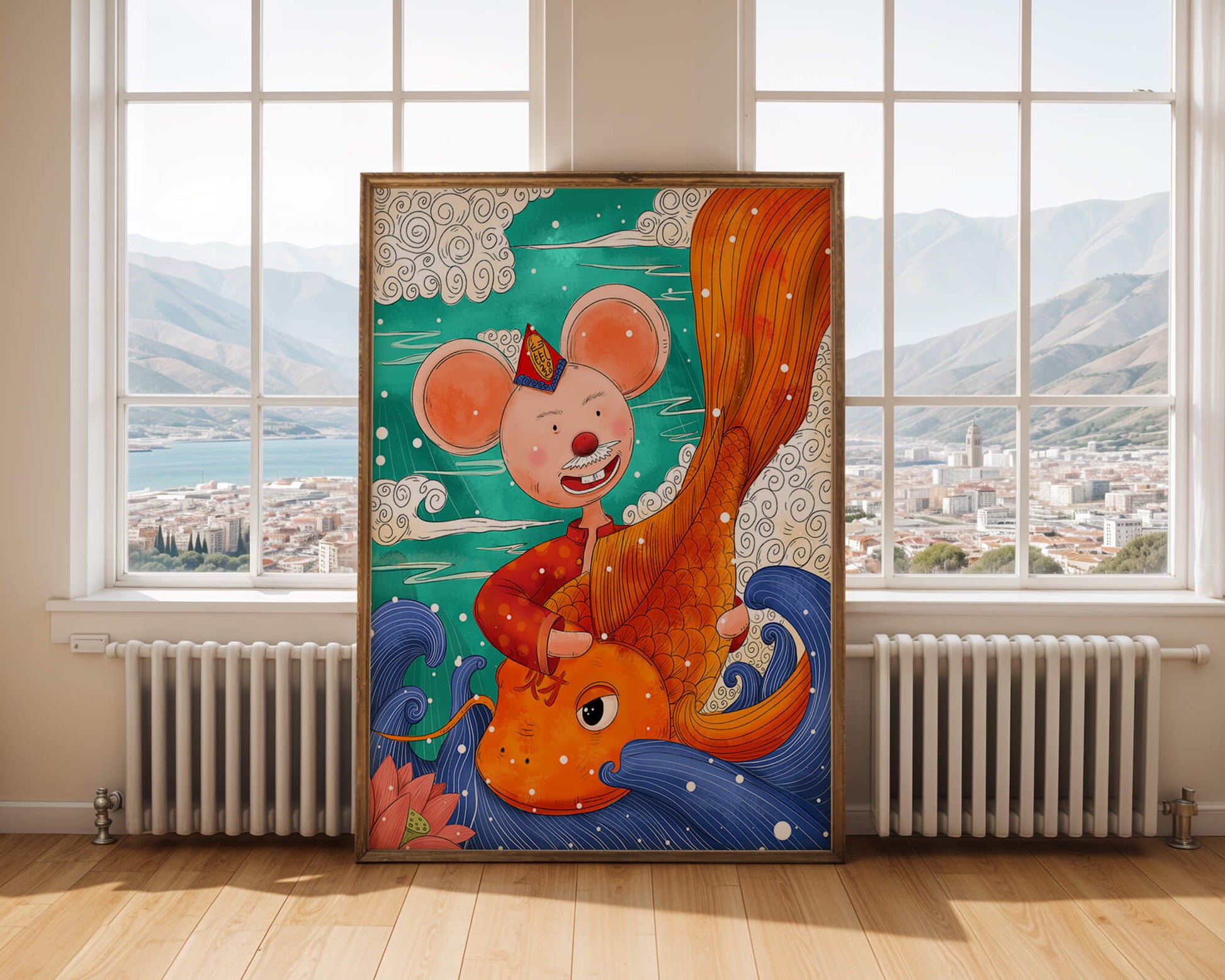Whimsical illustration of a mouse riding a golden fish in a vibrant fantasy setting