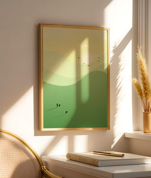 Paisaje minimalista con figuras silueteadas y aves al atardecer