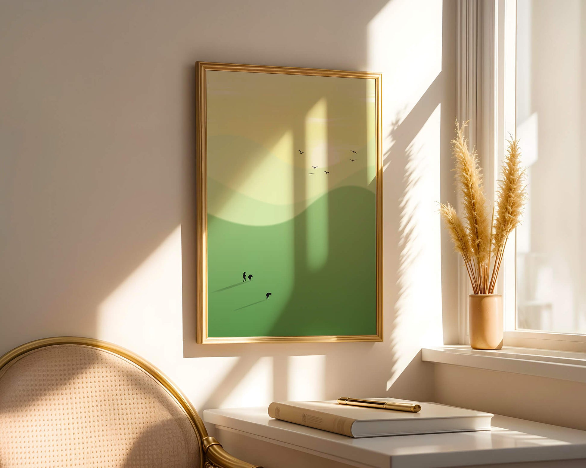 Paisaje minimalista con siluetas de personas y pájaros al atardecer