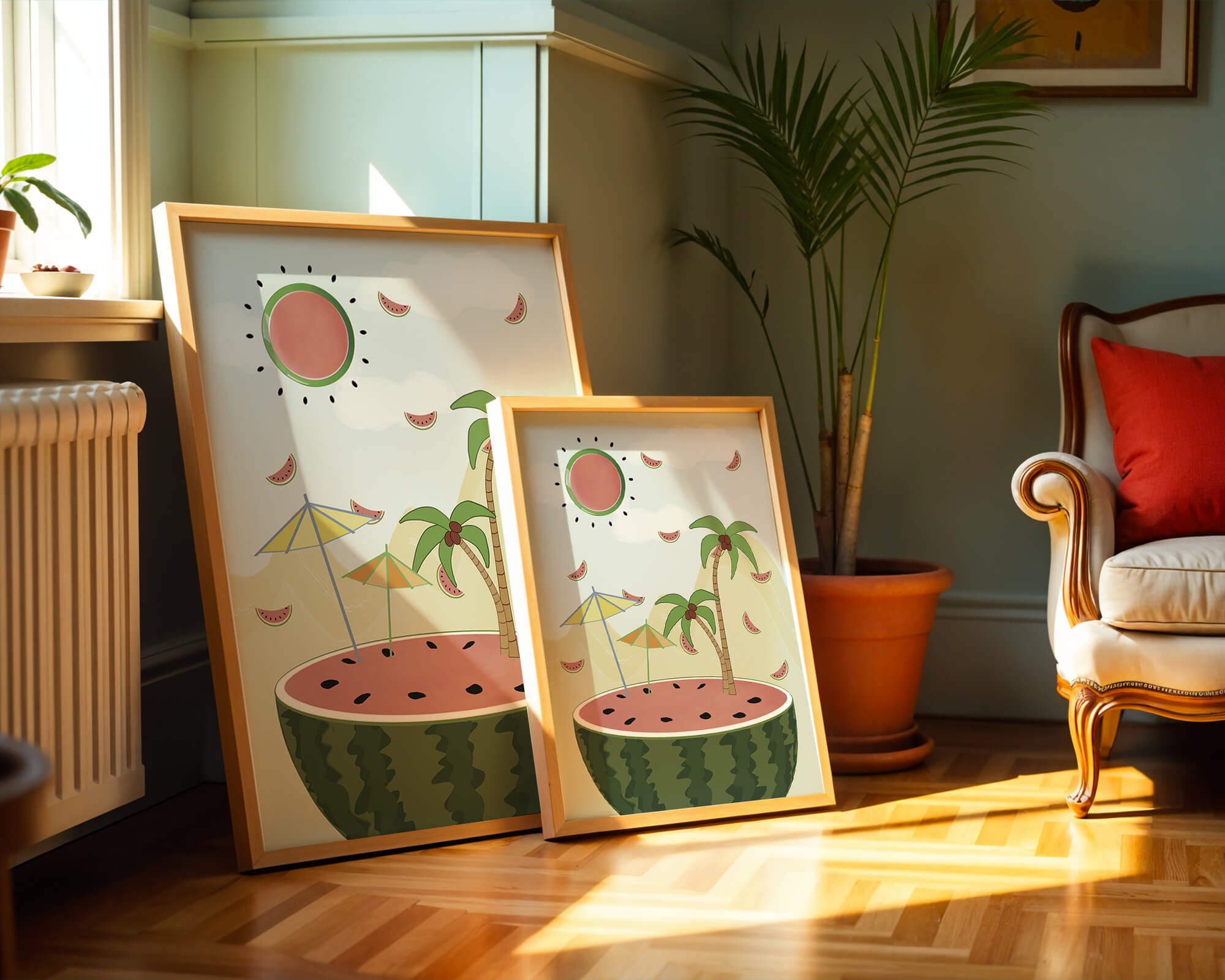 Summer Paradise with Watermelon Sun and Palms in Surreal Landscape