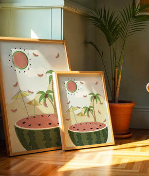 Summer Paradise with Watermelon Sun and Palms in Surreal Landscape