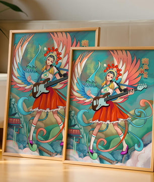 Fusión colorida de arte tradicional y moderno con un músico como protagonista