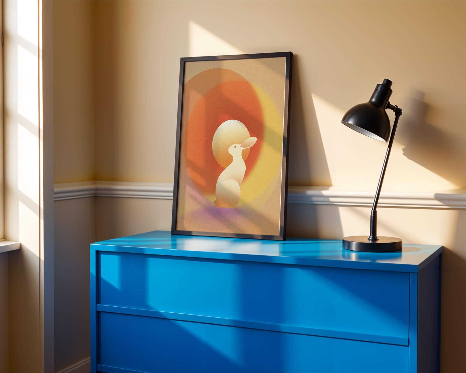 Majestic White Rabbit with Sun and Abstract Circles