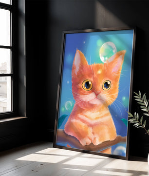 Adorable orange kitten illustration with bubbles and a colorful background