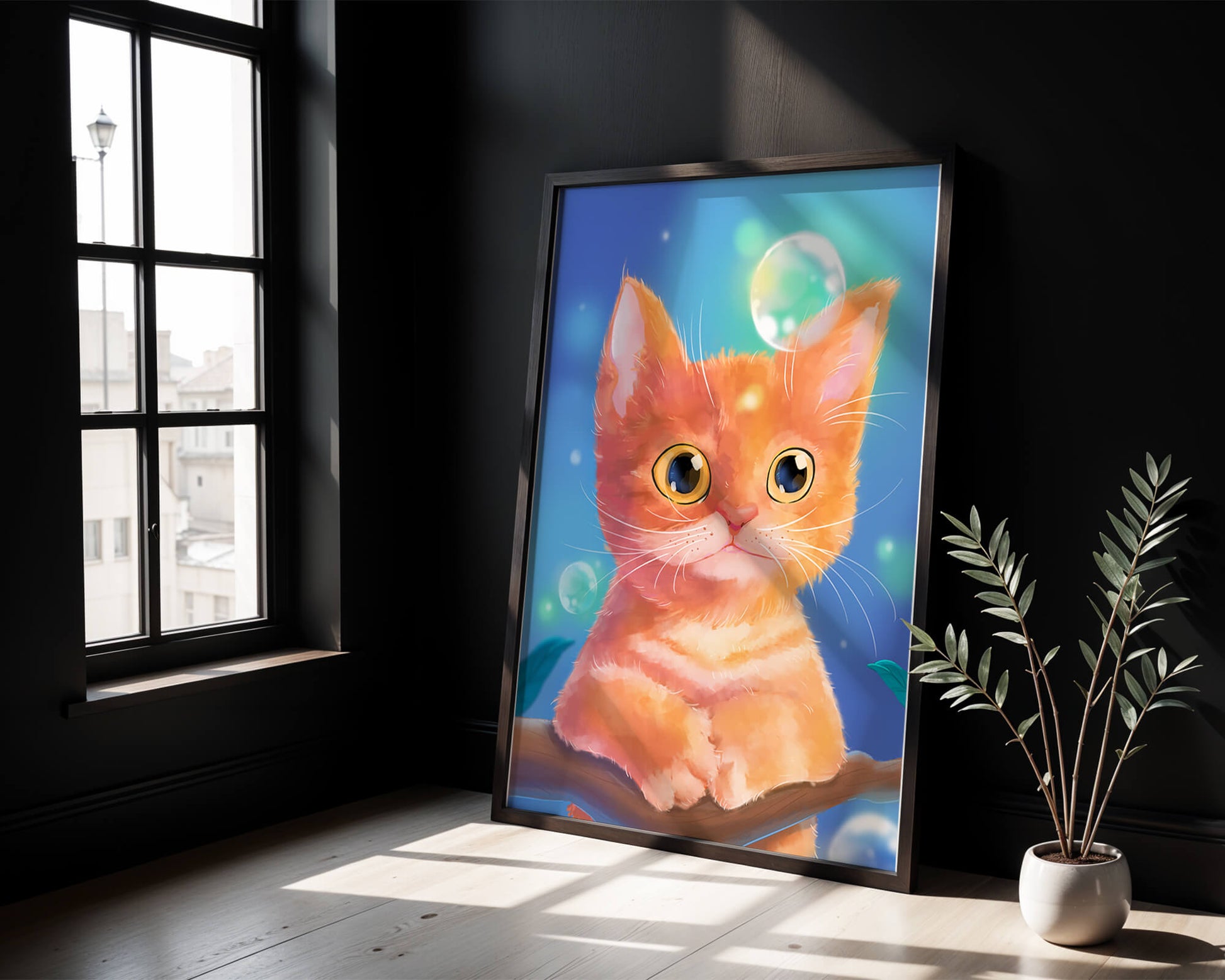 Adorable orange kitten illustration with bubbles and a colorful background
