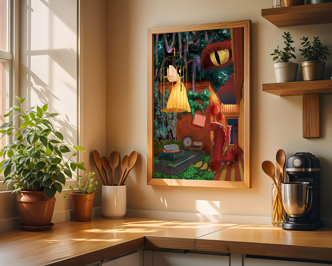 Enchanted garden with fairy, snake, and mysterious elements