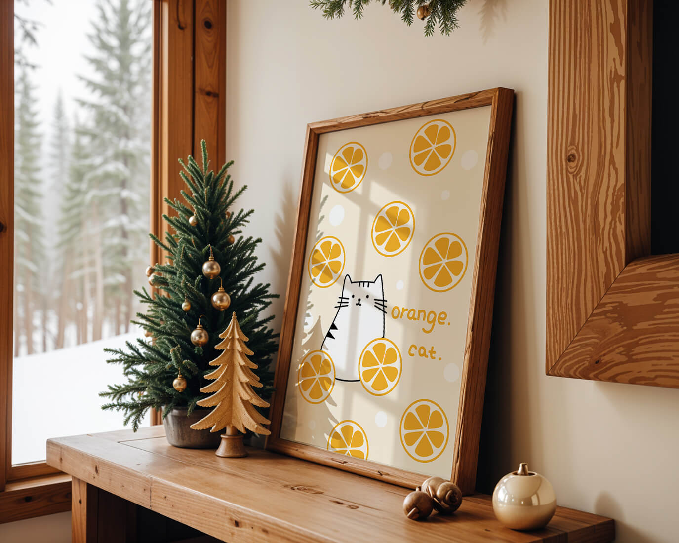 Playful illustration featuring a cat and orange slices