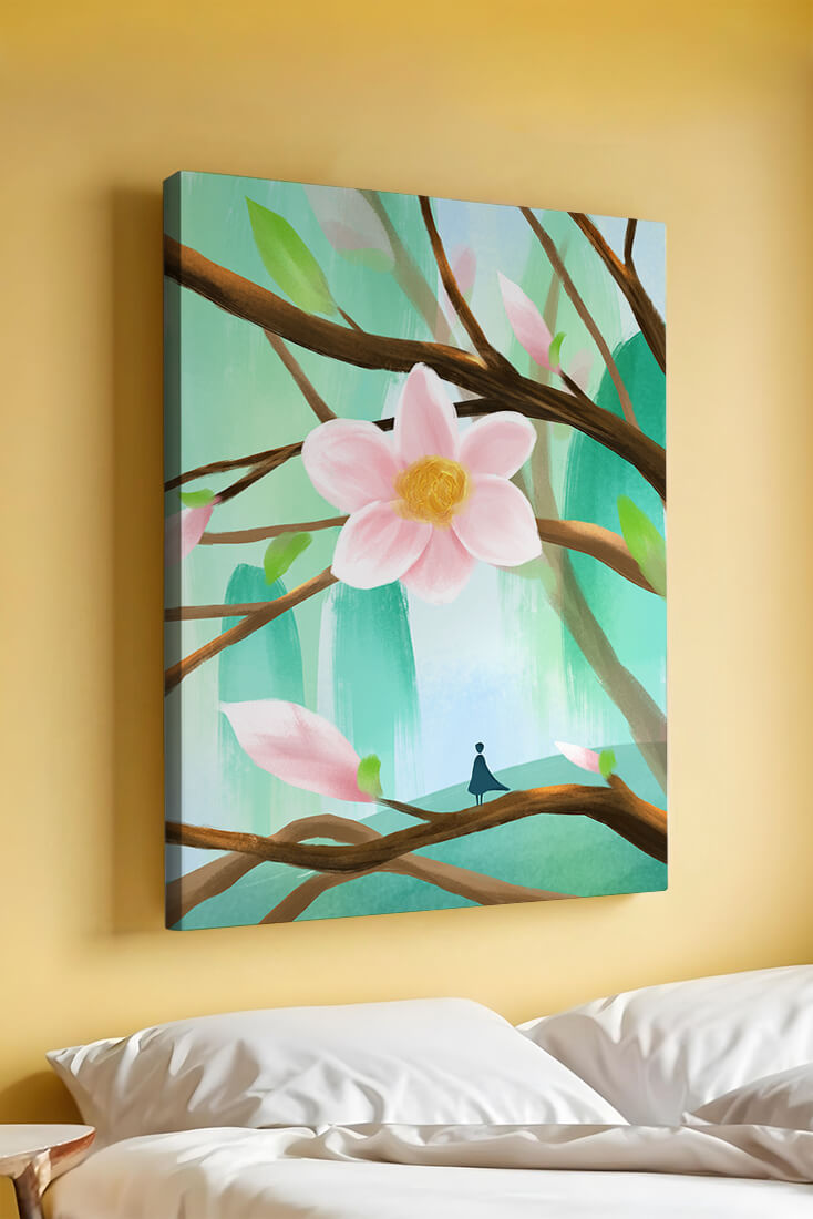 Serene floral artwork with large pink flower on tree branches