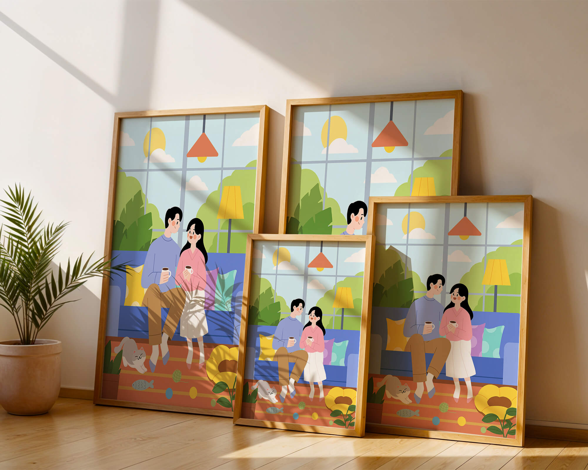 Cozy living room scene with couple and playful cat