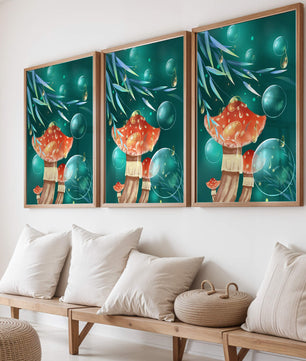 Whimsical forest scene with mushrooms and glowing bubbles