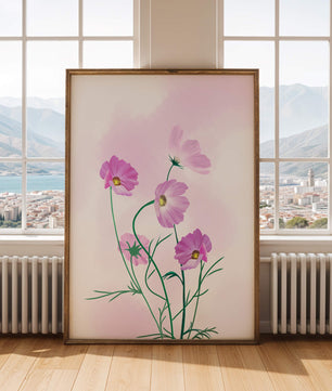 Delicadas flores de cosmos rosa sobre un fondo pastel suave