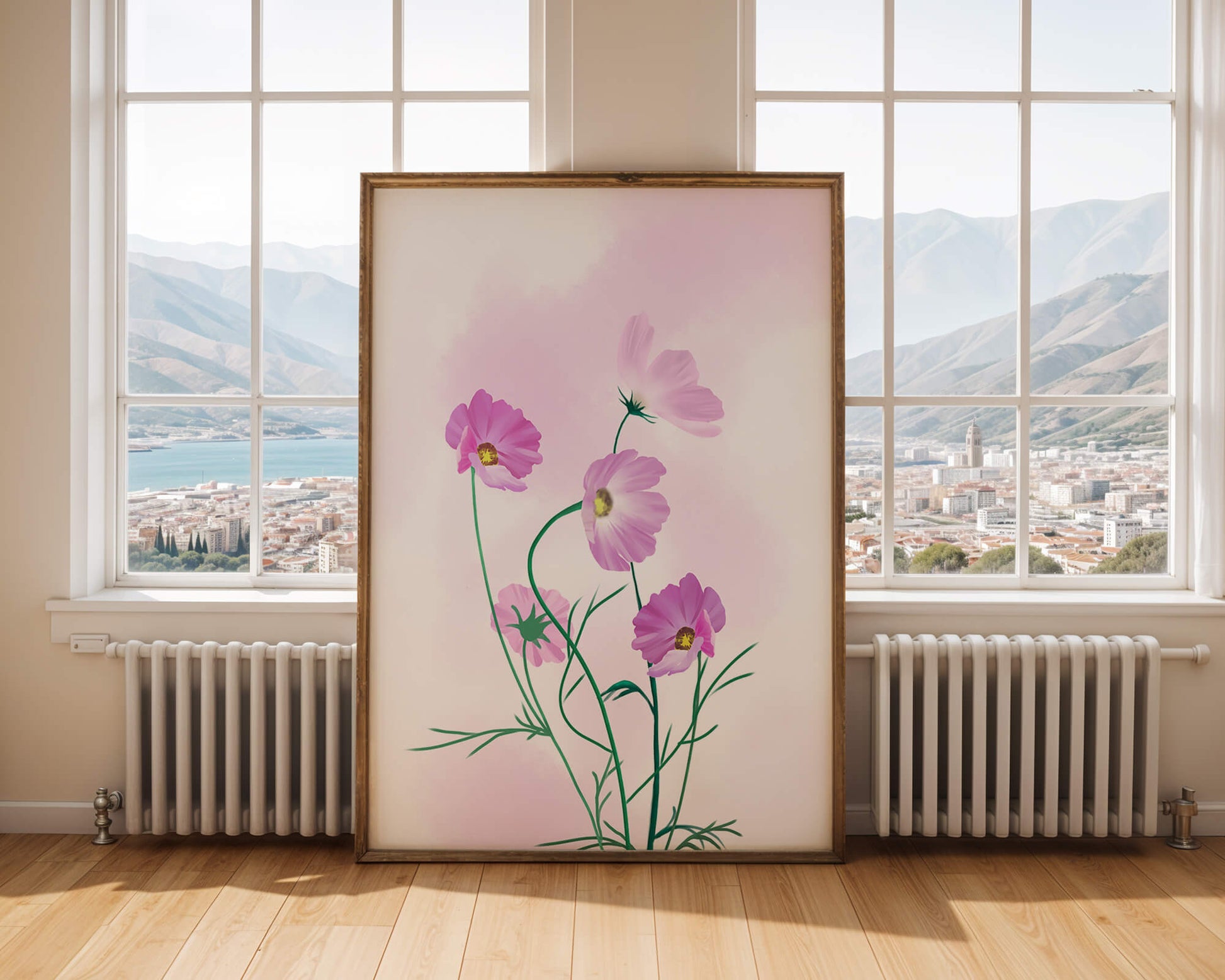 Delicate Pink Cosmos Flowers on Soft Pastel Background