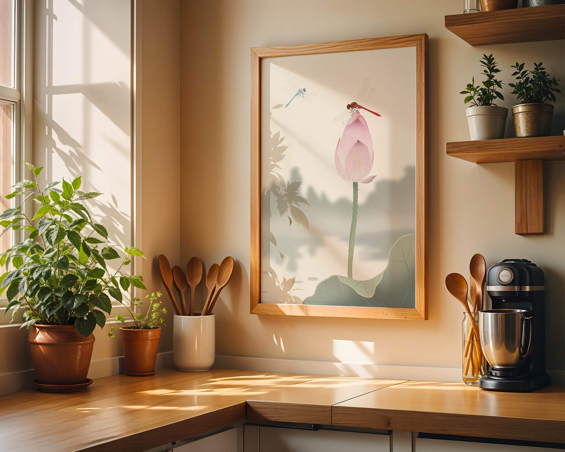 Libélulas sobre un capullo de loto con paisaje sereno