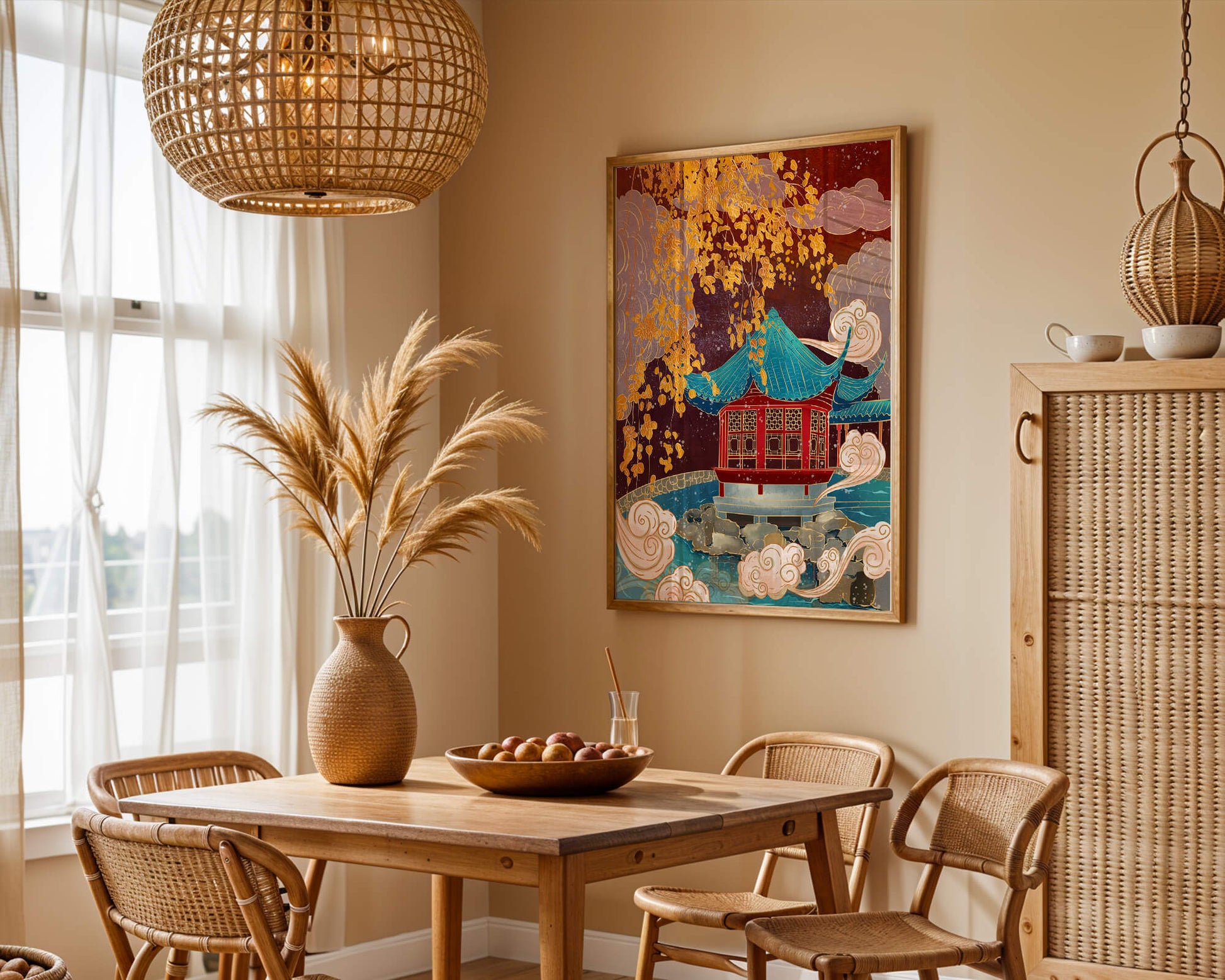 Pabellón chino tradicional con hojas doradas y nubes