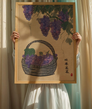 Basket Of Grapes With Vine Leaves In Traditional Style