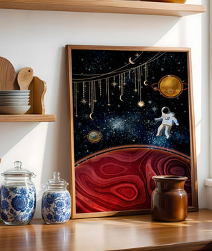 Escena espacial surrealista con astronauta y elementos celestiales