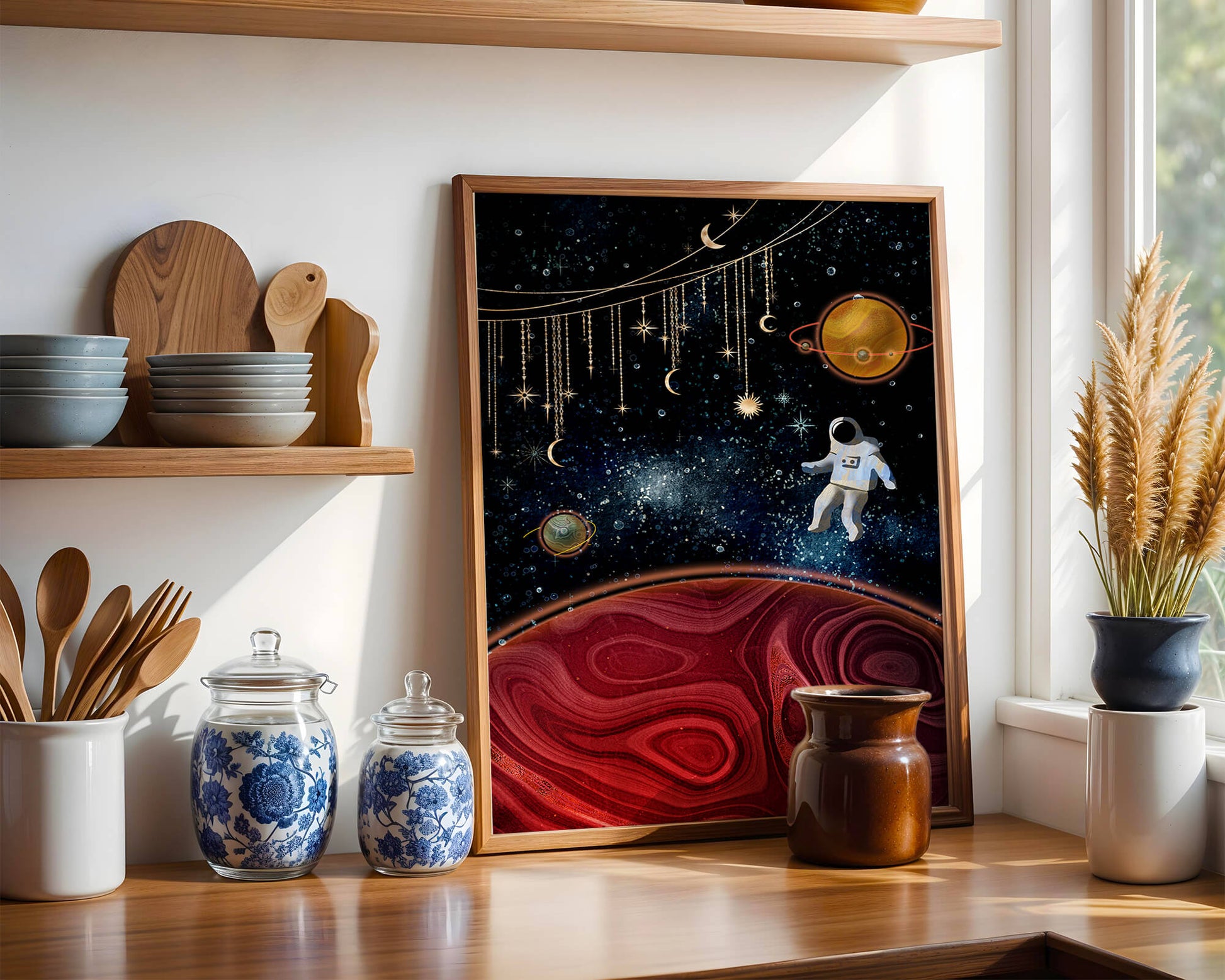 Surreal space scene with astronaut and celestial elements