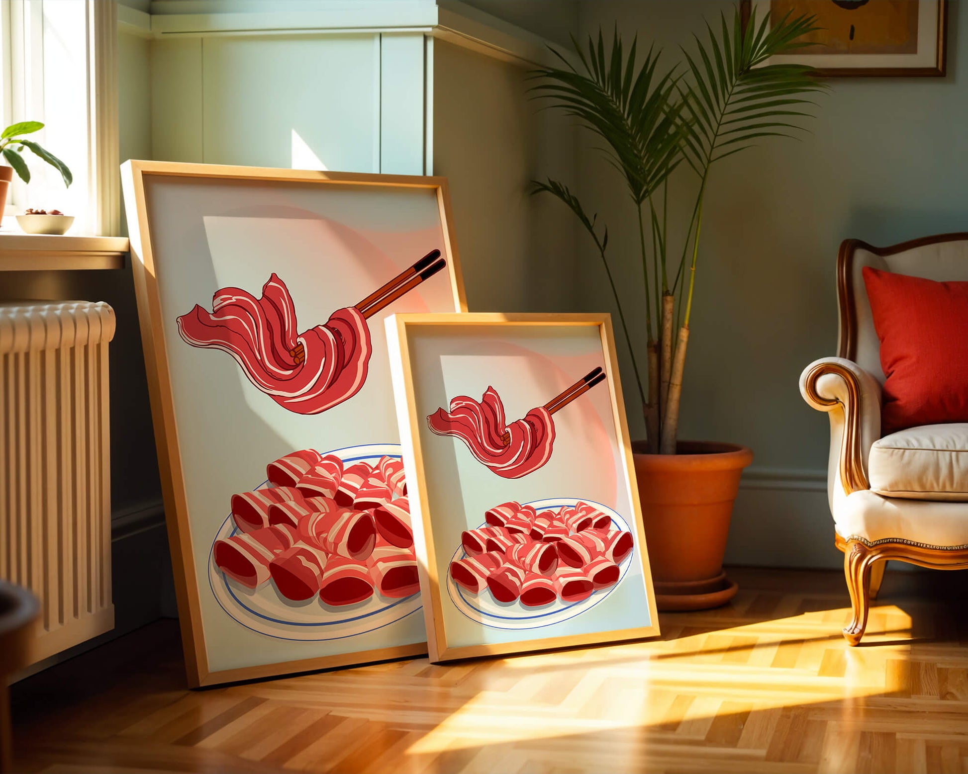 Delicious raw meat slices on plate with chopsticks in background