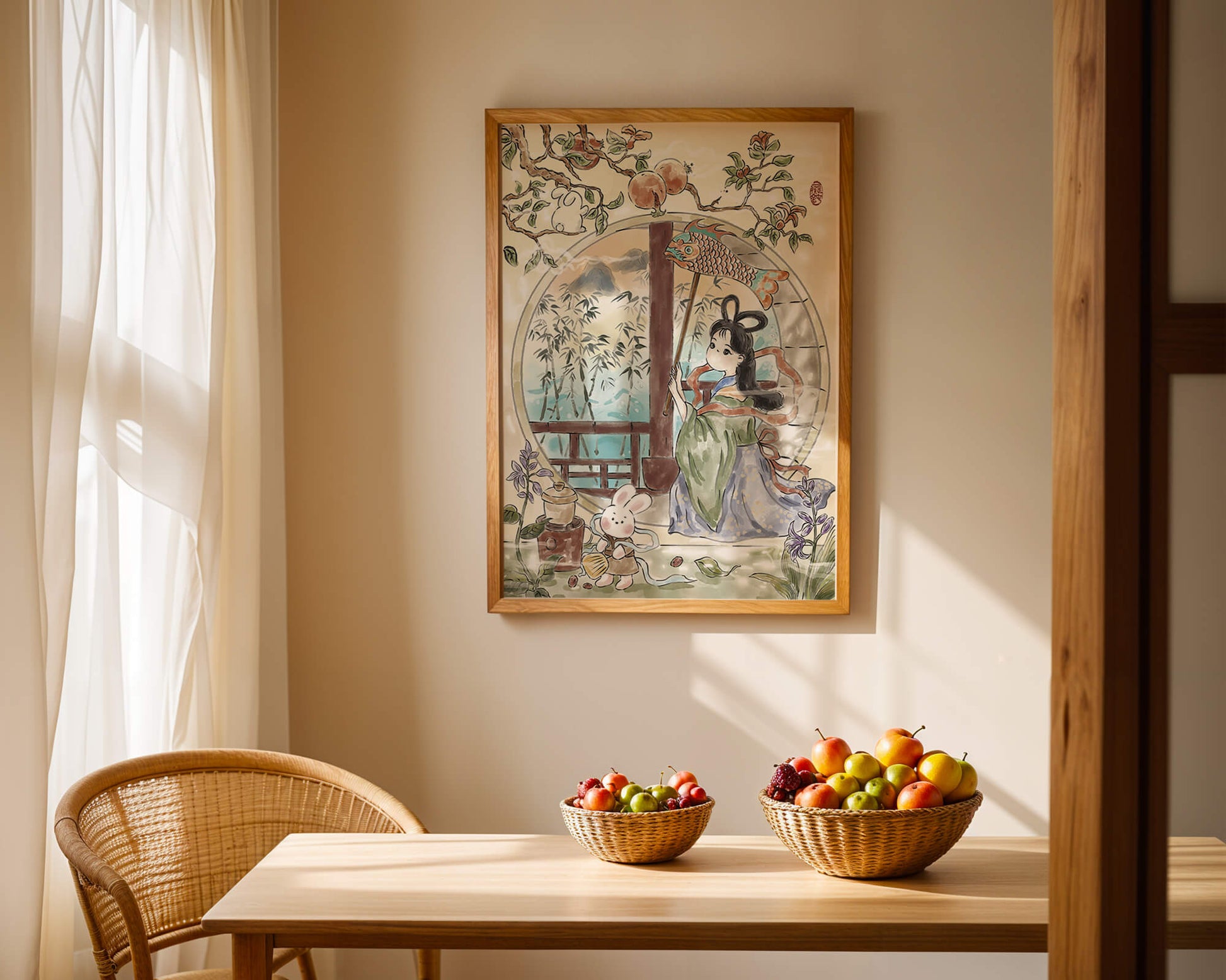 Escena de jardín tranquilo con una niña y un conejo