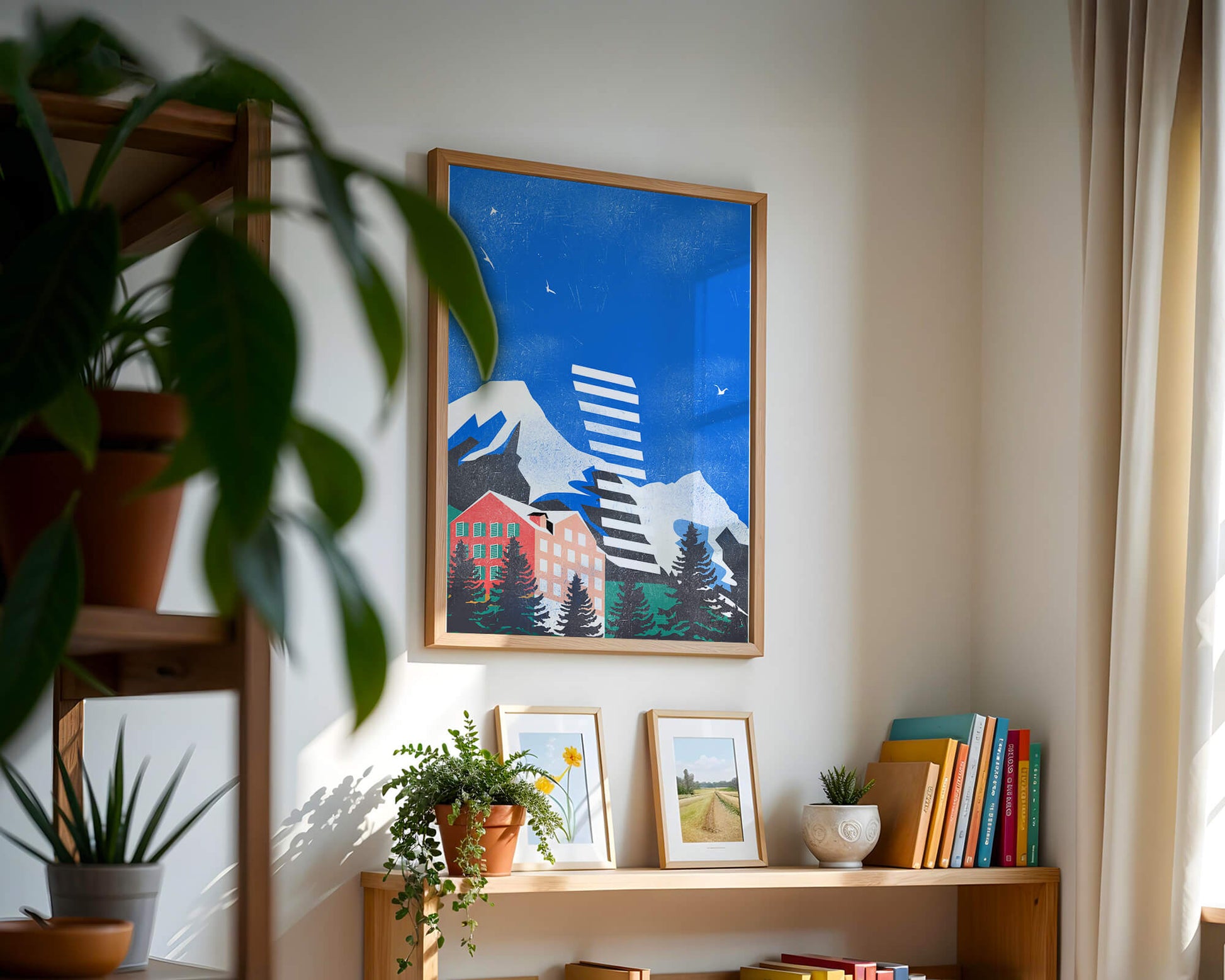 Mountain Resort in a Vibrant Landscape with Blue Sky and Birds