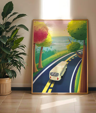 Scenic Road Trip with Vibrant Trees and Sunset