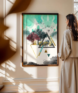 Abstract Geometric Landscape with Vibrant Trees and Birds - Mi tienda