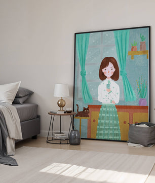 Charming Illustration of Woman and Cat in Cozy Living Room