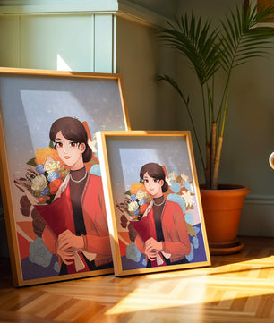 Mujer sosteniendo ramo con fondo floral