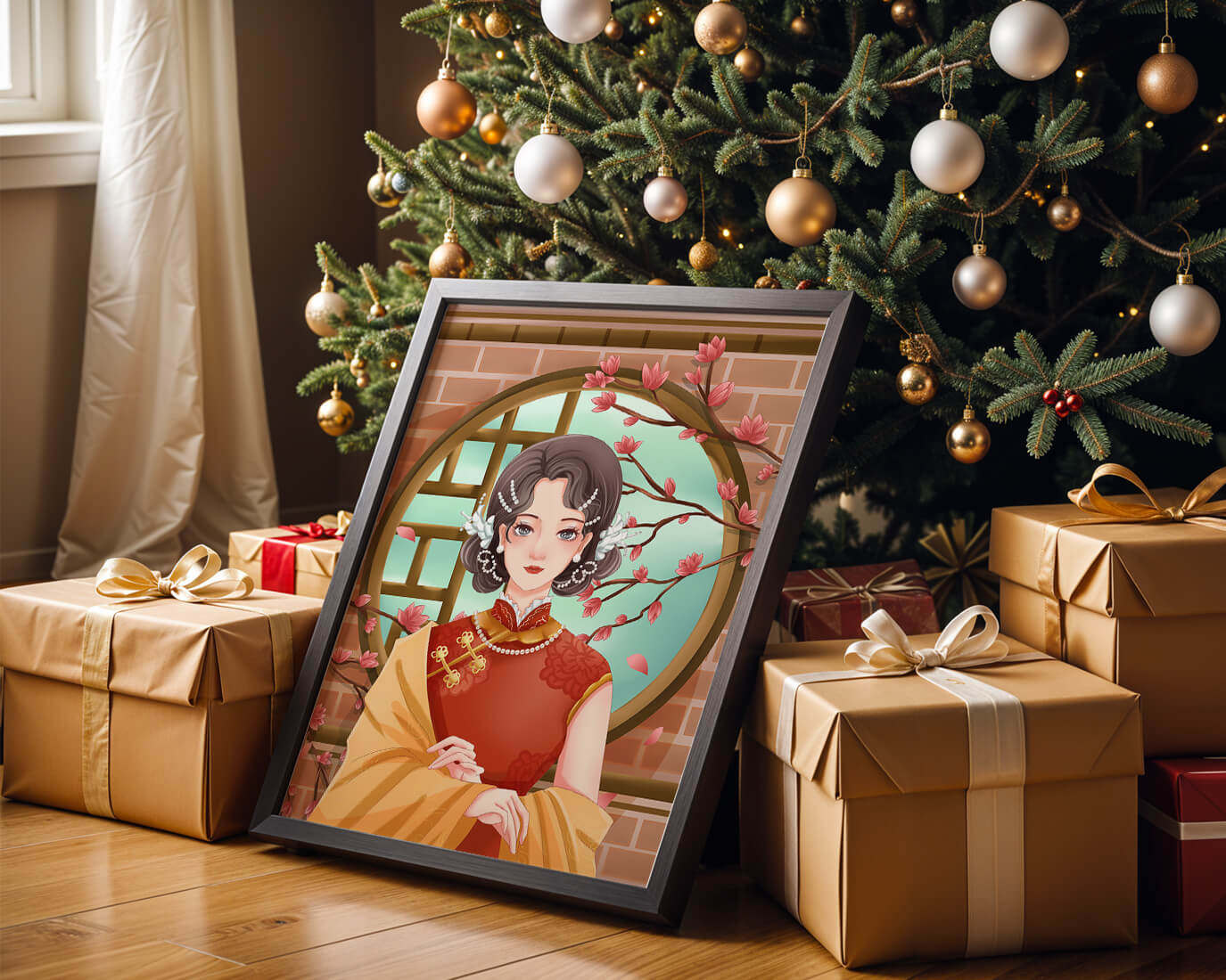 Elegant woman in traditional dress with floral background