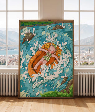 Adventurous raft ride down a vibrant cartoon river with character