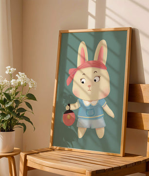 Illustration d'un lapin cartoon avec un bandeau et un sac rond