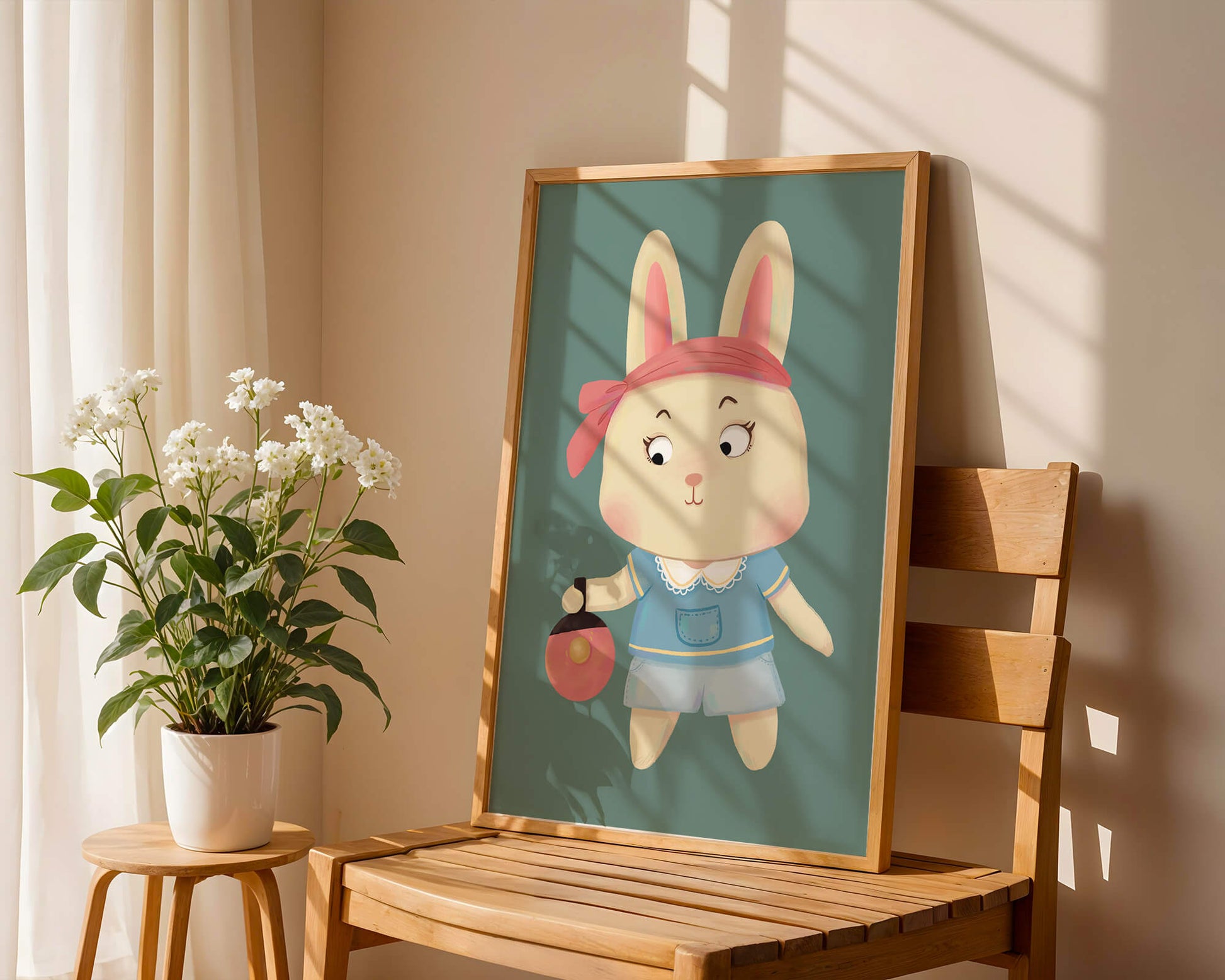 Illustration d'un lapin cartoon avec un bandeau et un sac rond