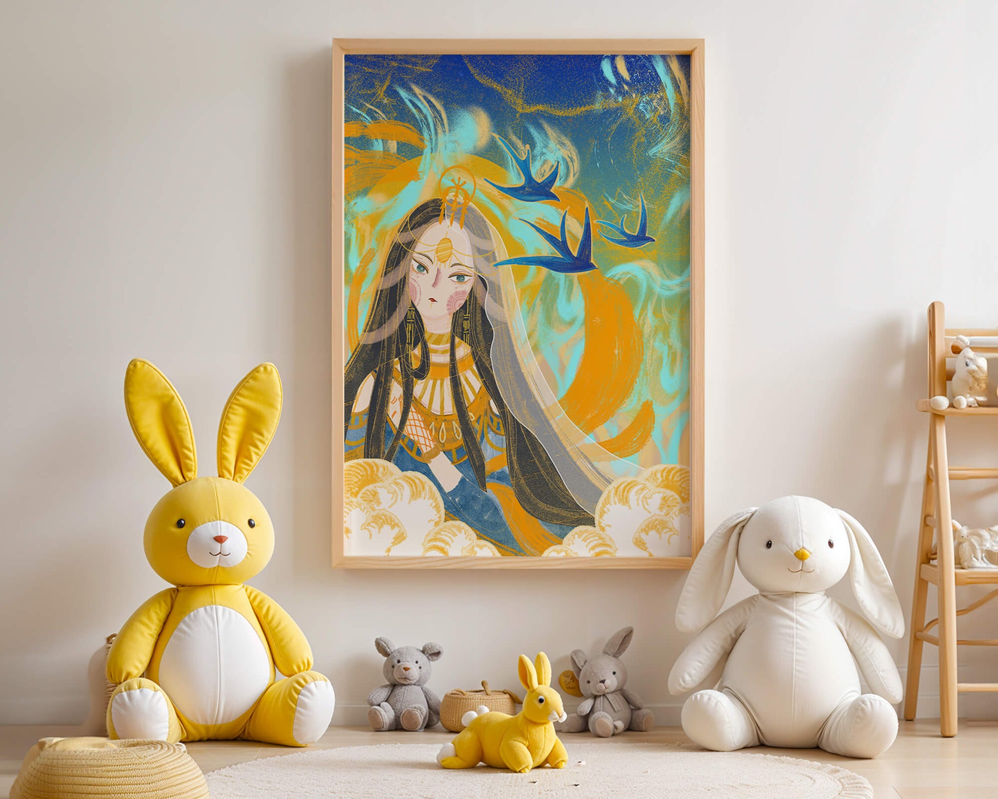 Majestic Goddess with Birds and Golden Elements in Mystical Setting