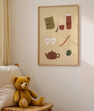 Illustración de un juego de té tradicional con hojas de té y accesorios