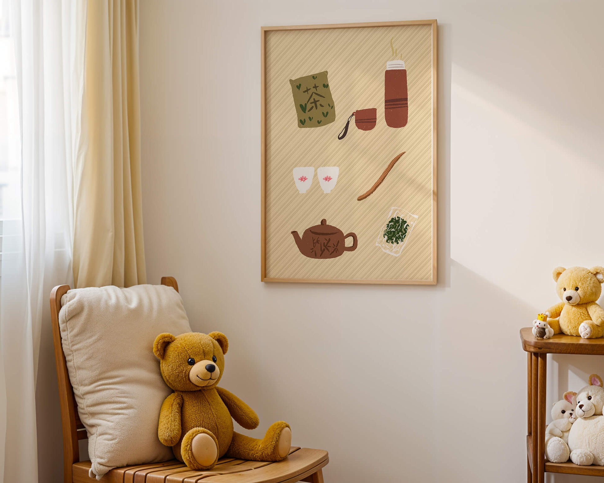 Illustración de un juego de té tradicional con hojas de té y accesorios