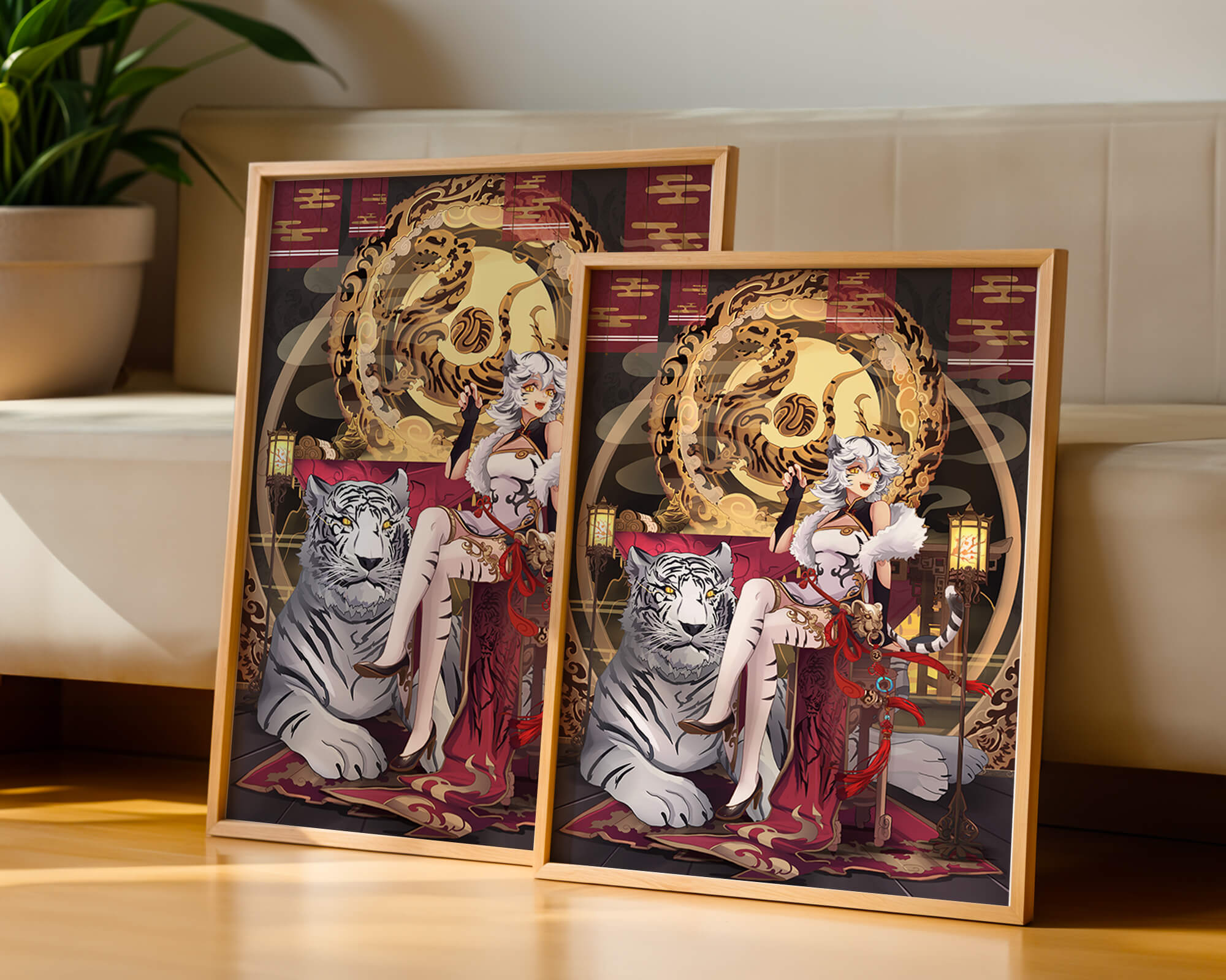 Elegant fantasy character with mystical tiger and ornate decor