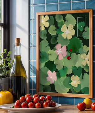 Colorful floral illustration with ladybugs in a lush garden setting