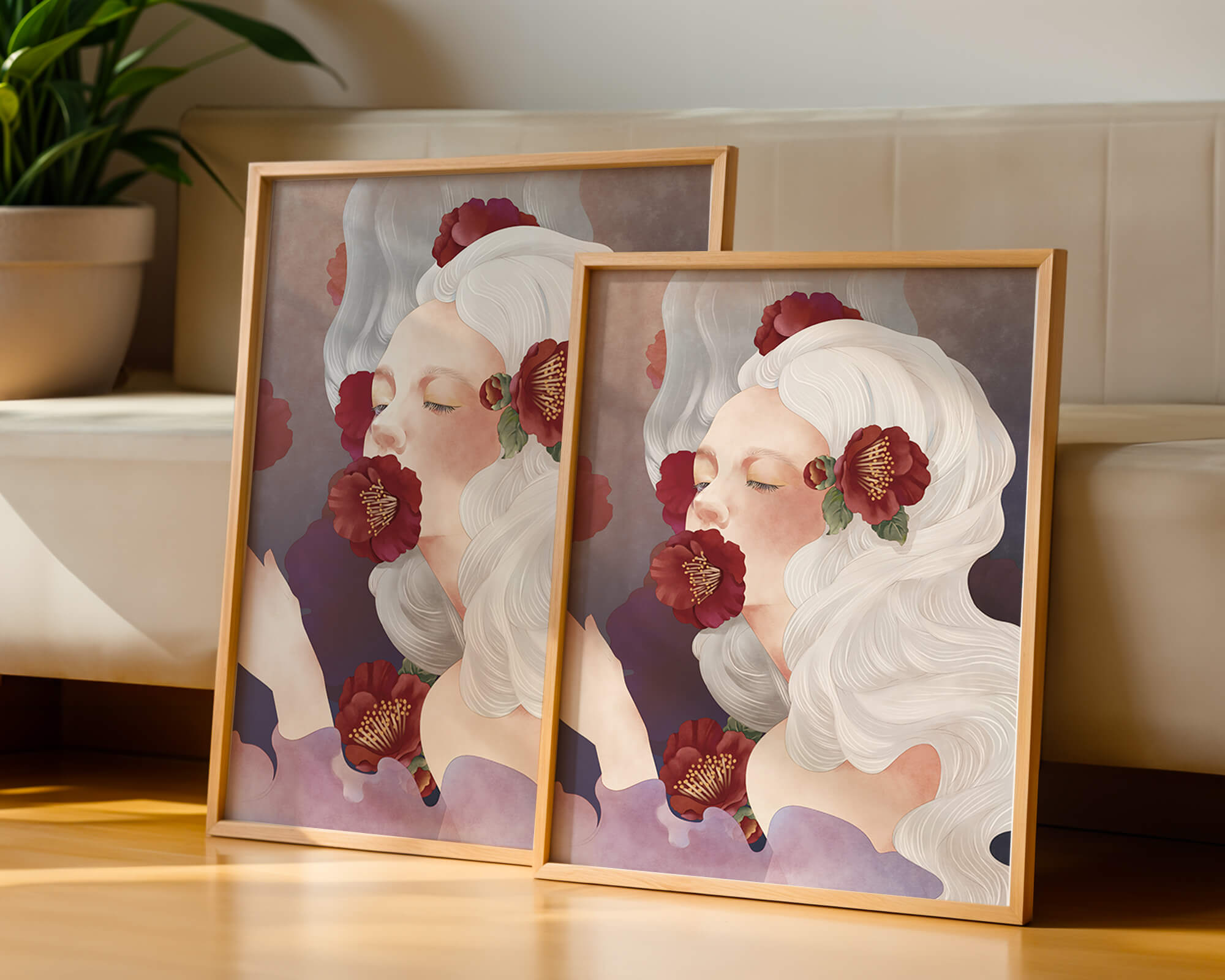 Dreamy Portrait of a Woman with White Hair and Red Flowers