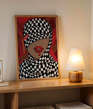 Abstract Art of Woman with Checkered Pattern and Red Lips - Mi tienda