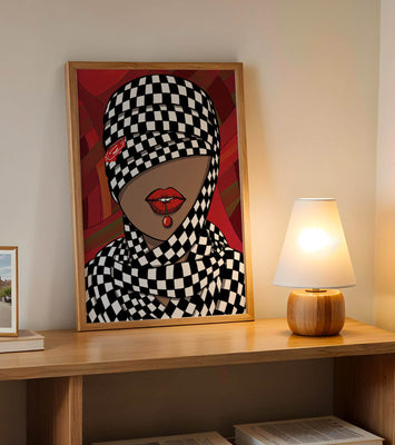 Abstract Art of Woman with Checkered Pattern and Red Lips