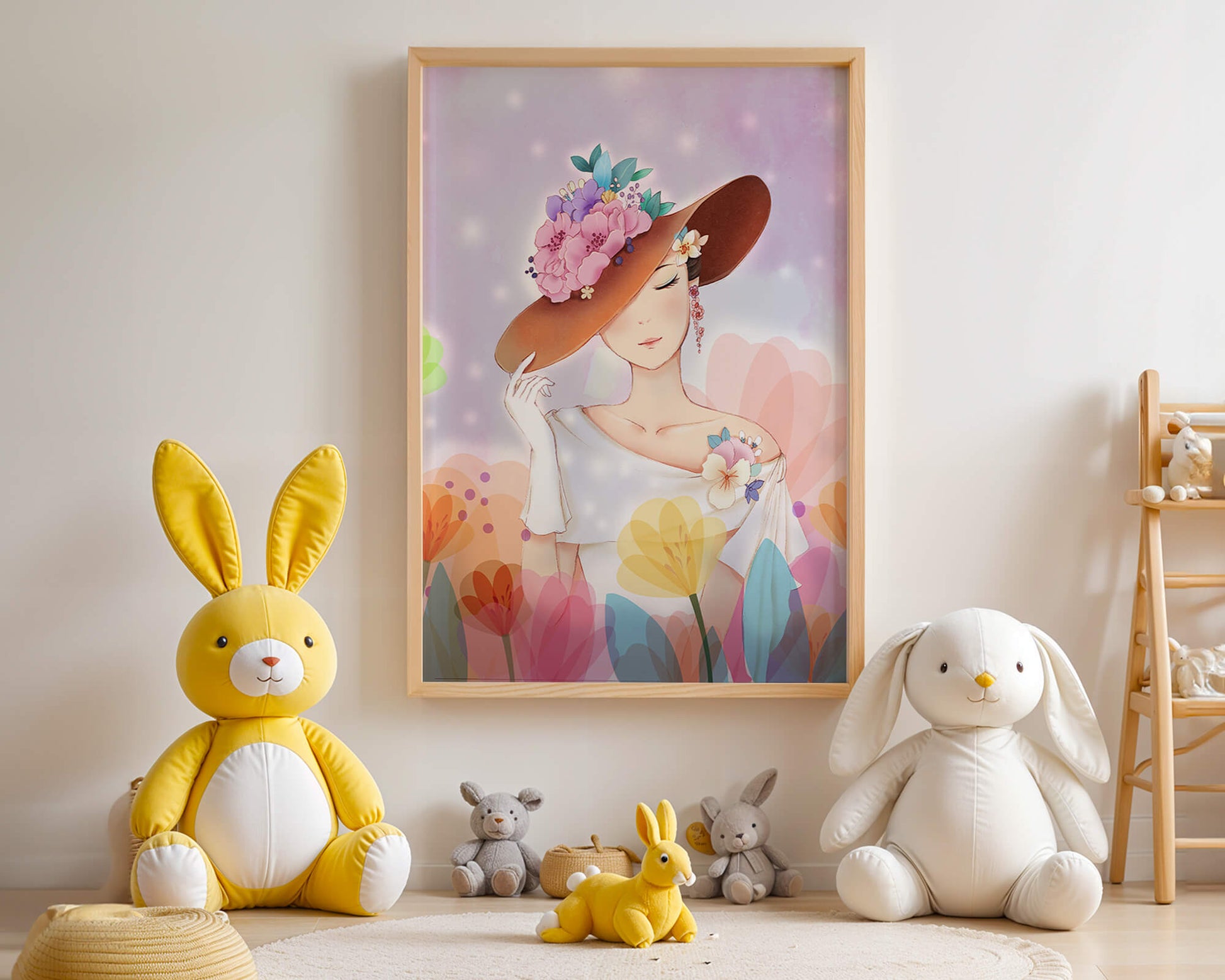 Mujer elegante con sombrero floral entre flores de colores