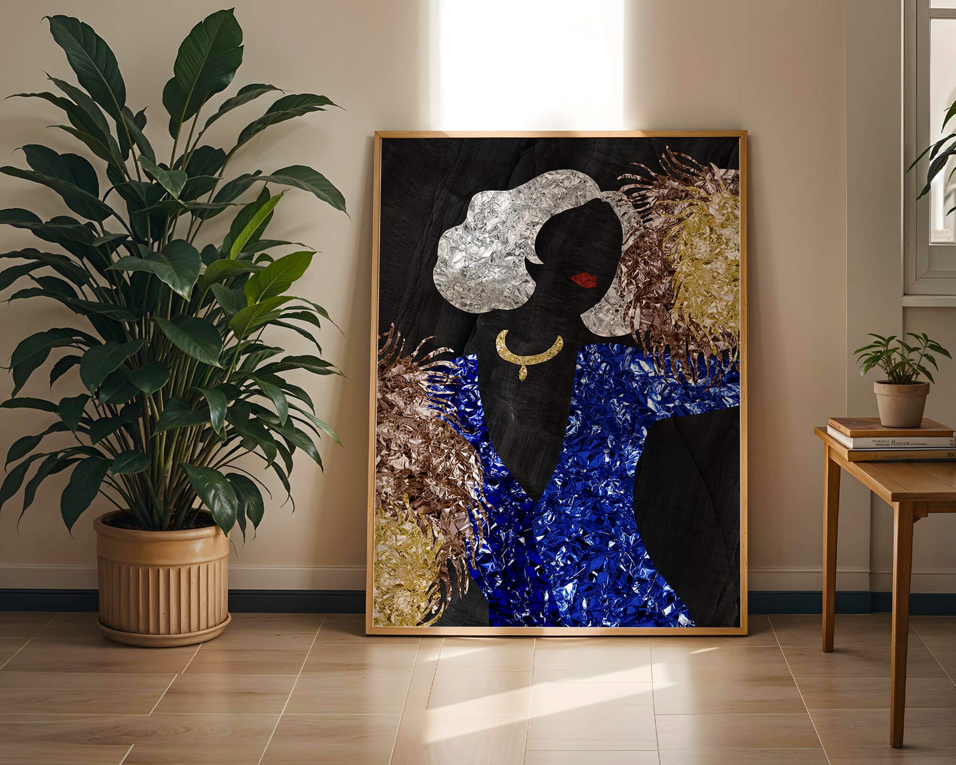 Abstract art with colorful foil textures and silhouette